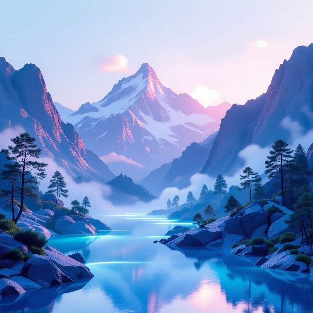 Ethereal Mountain Landscape in Minimalist Realism