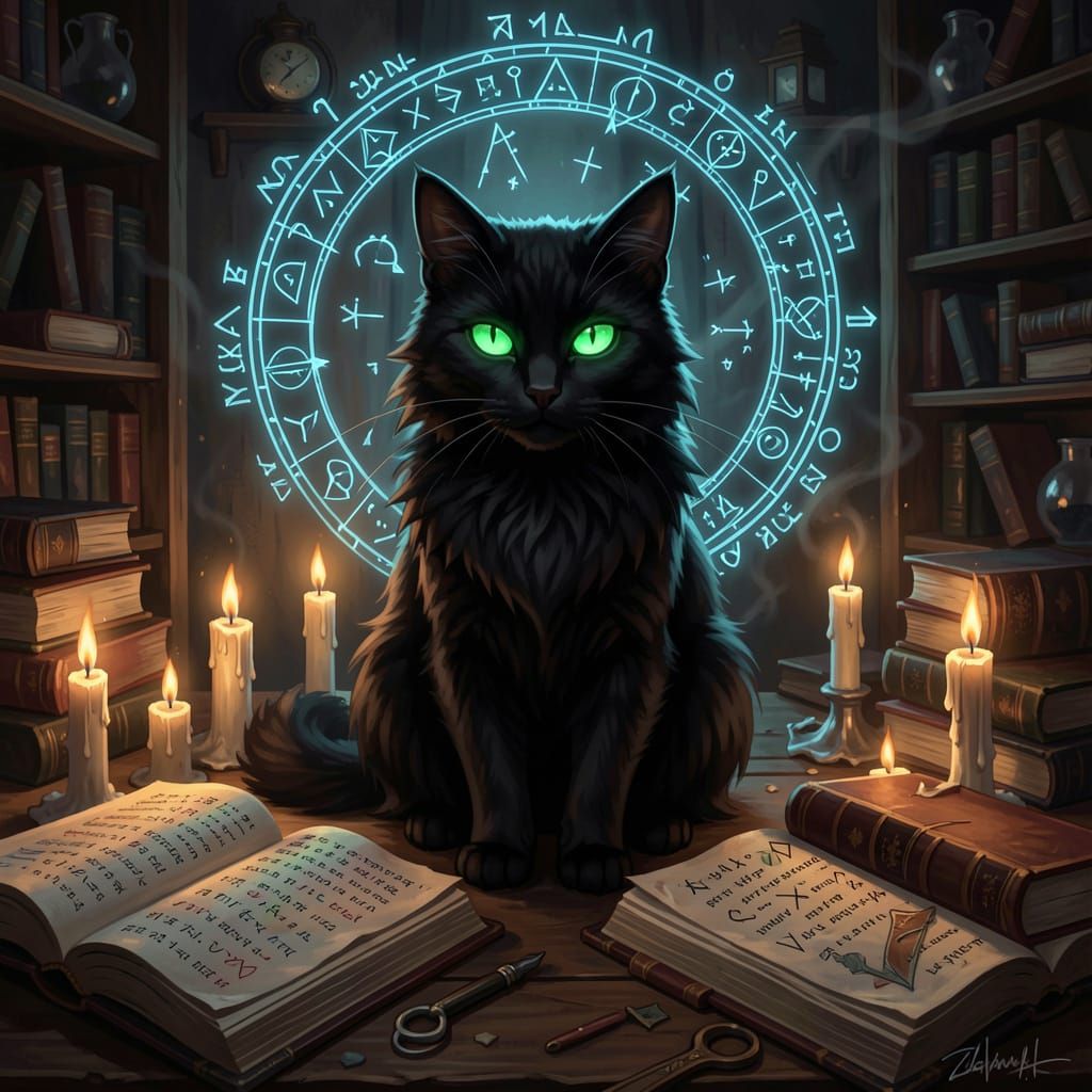 Mysterious Black Cat Familiar in Magical Study