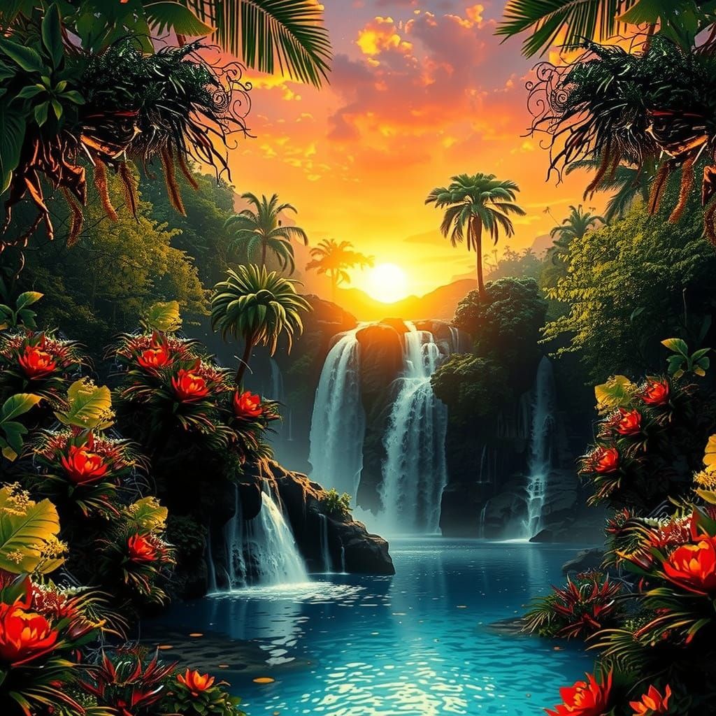 Surreal Tropical Oasis at Sunset in Hyperdetailed Style