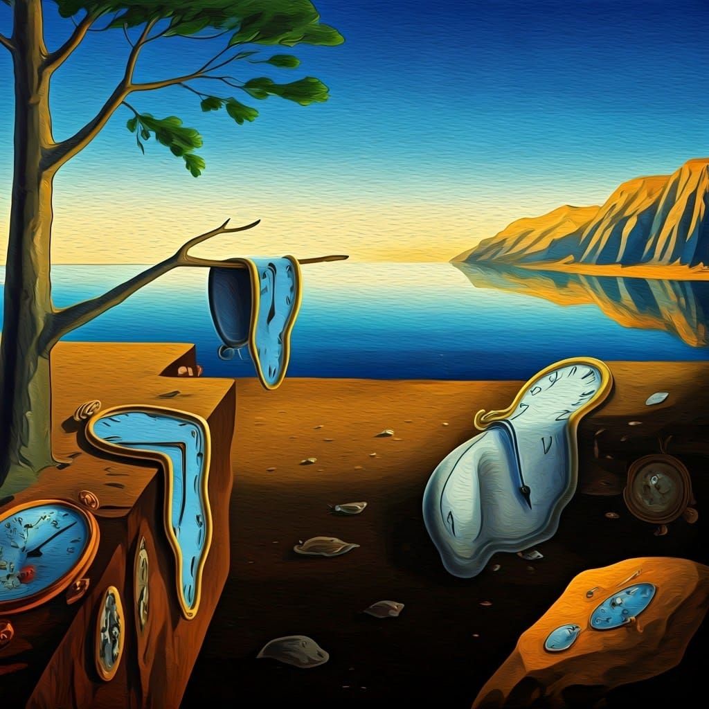 Dreamlike Landscape with Melting Clocks and Whimsical Creatu...