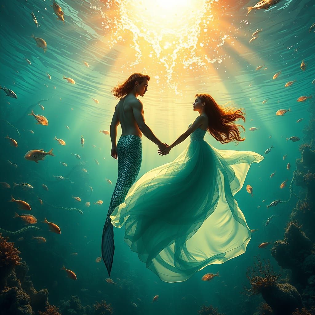 Ethereal Underwater Realm with Merman and Human