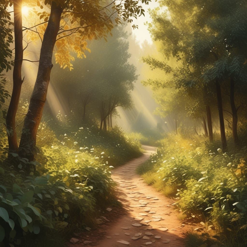 Early autumn forest path with rustling amber and gold leaves...