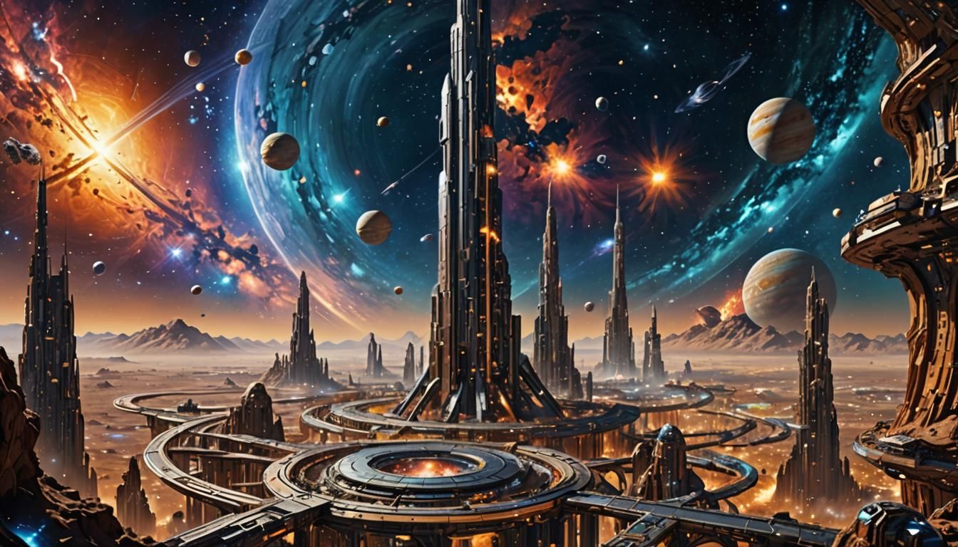 Gigantic Orbital Space Colony Amidst Colorful Nebula