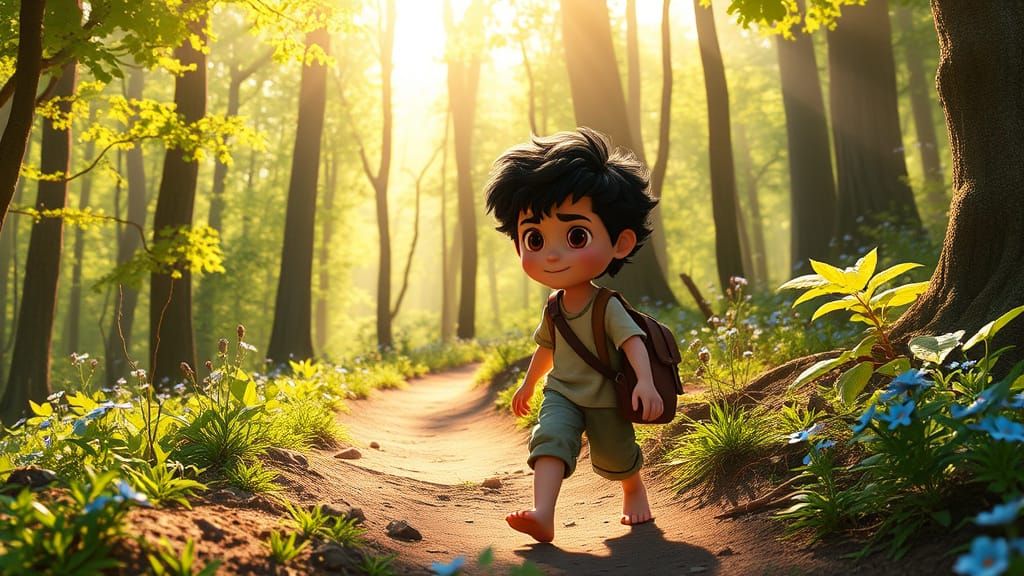 Boy's Spring Walk in Magical Forest: 3D Digital Art