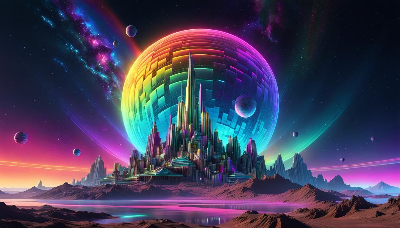 Enchanted City on Moon, Retro Sci-Fi Art Deco