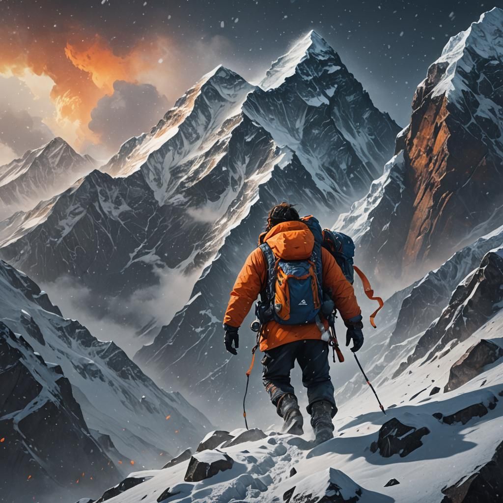 Mountaineer Climbing Everest in Snowstorm: Concept Art