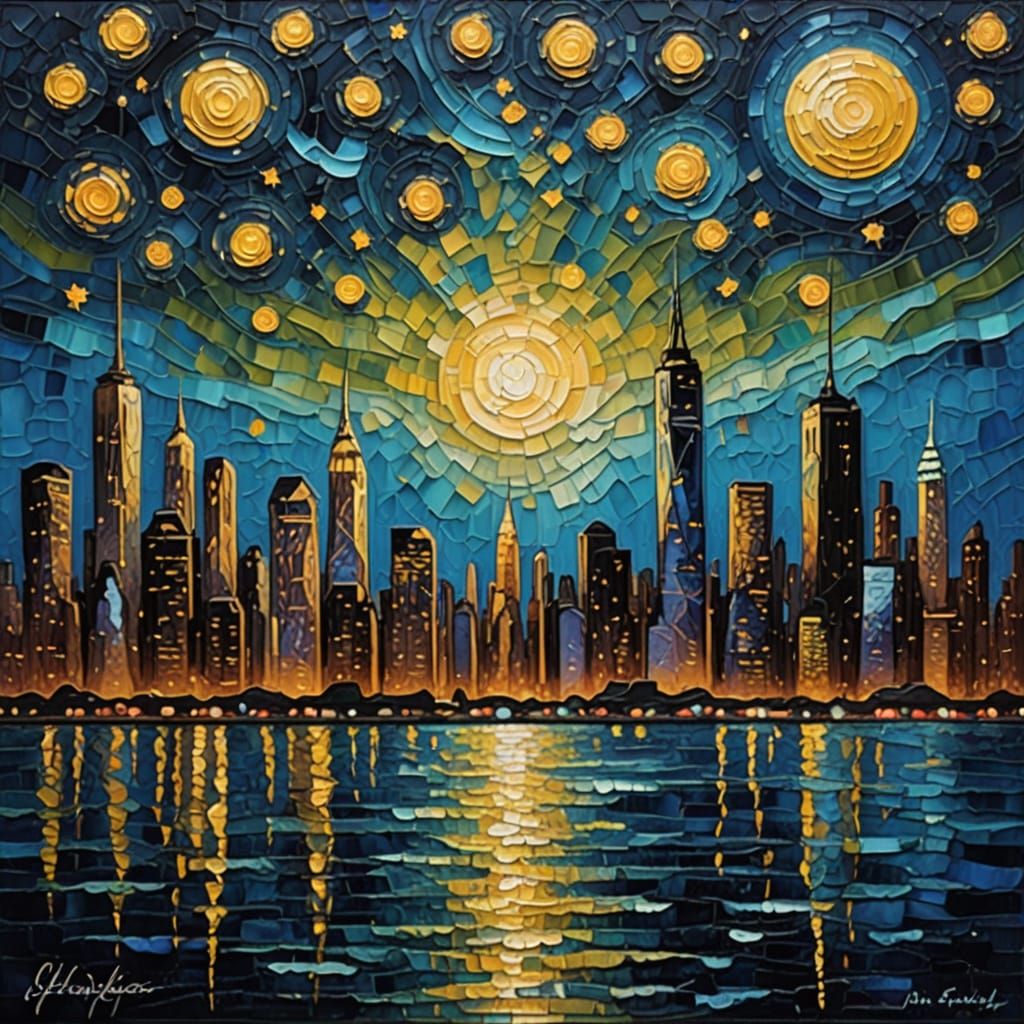 Starry Manhattan Night in Textured Acrylic Impasto Style