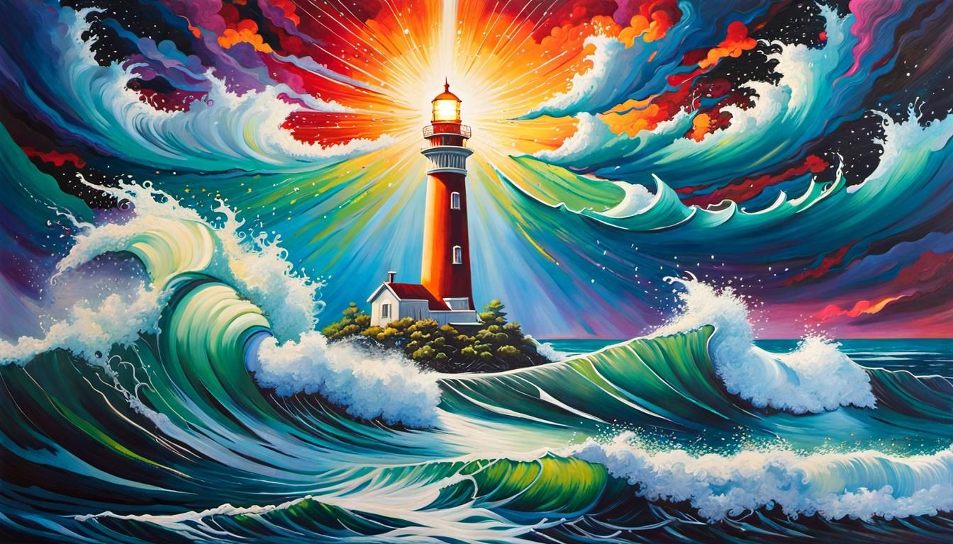 Celestial Lighthouse Acrylic Painting in Expressionist Style