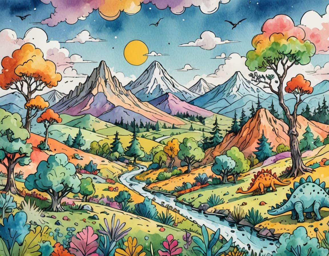 Doodle Dinosaurs in Whimsical Landscape, Sketch Art