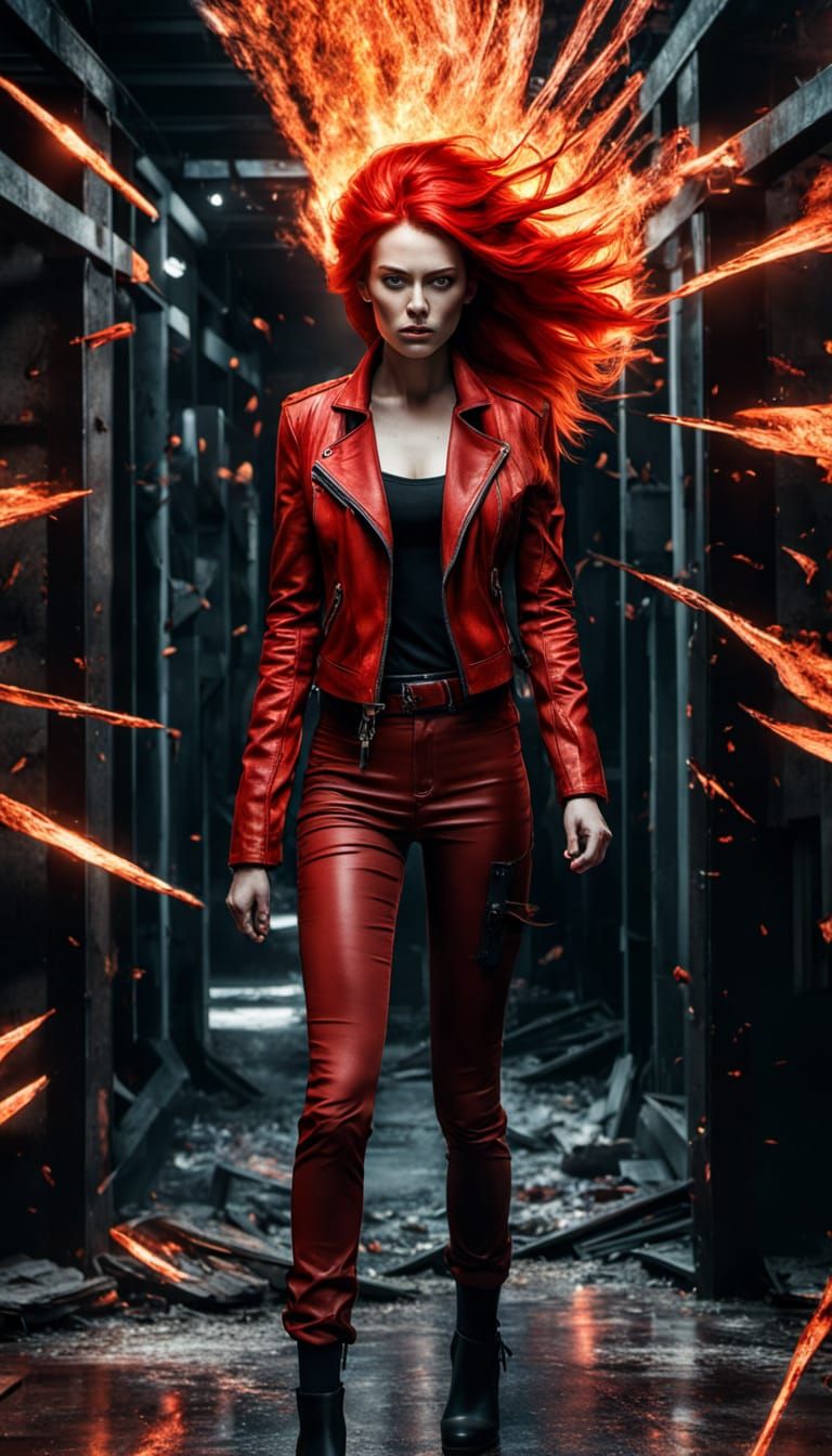 Fiery Woman Emitting Red Energy in Comic Book Style
