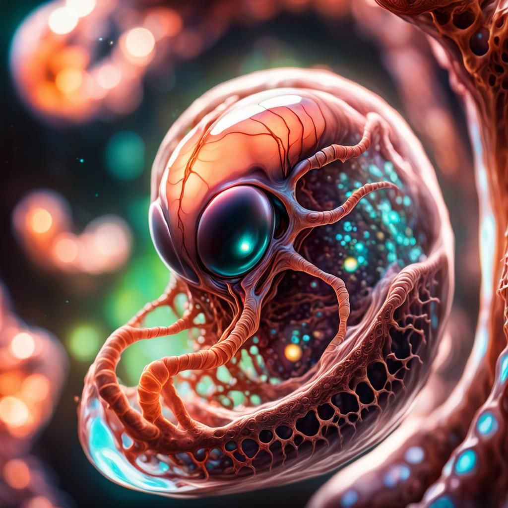 Alien Fetus in Utero: Hyperrealistic Bioluminescent Close-Up
