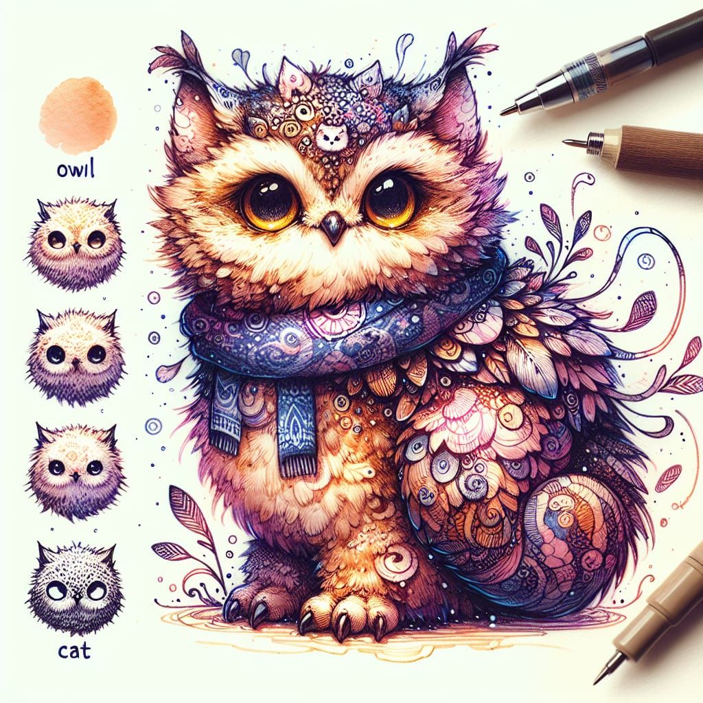 Fantasy Feline Owl in Whimsical Ink and Watercolor