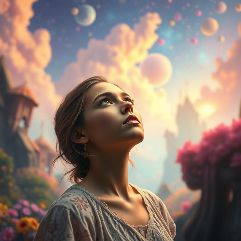 Woman in Awe Amid Dreamlike Surreal Scenery