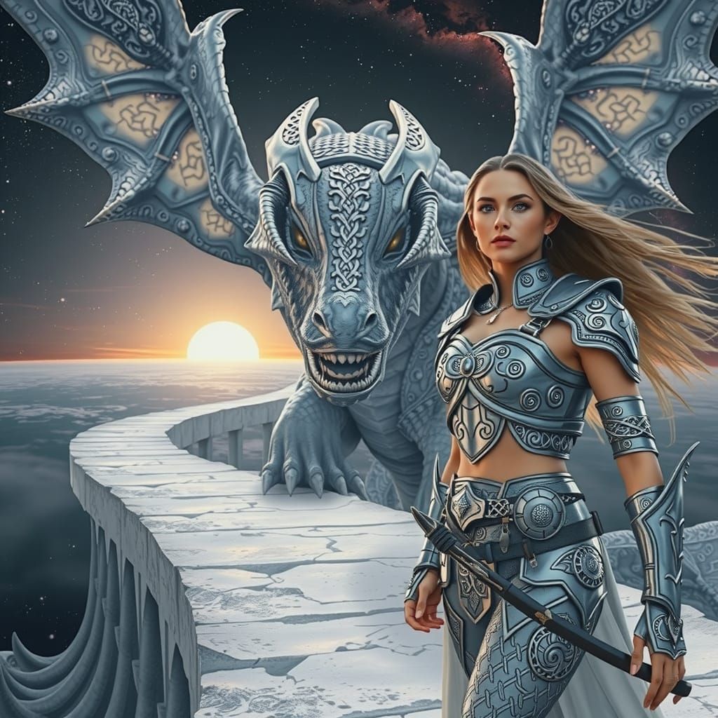 Fantasy Warrior and Dragon on Cosmic Bridge in Silver Light