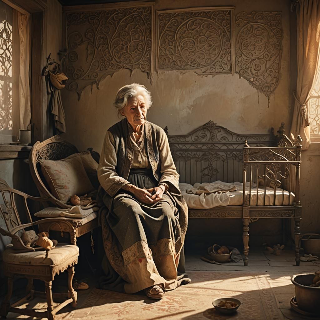 Nostalgic Matte Painting of an Old Woman and Child