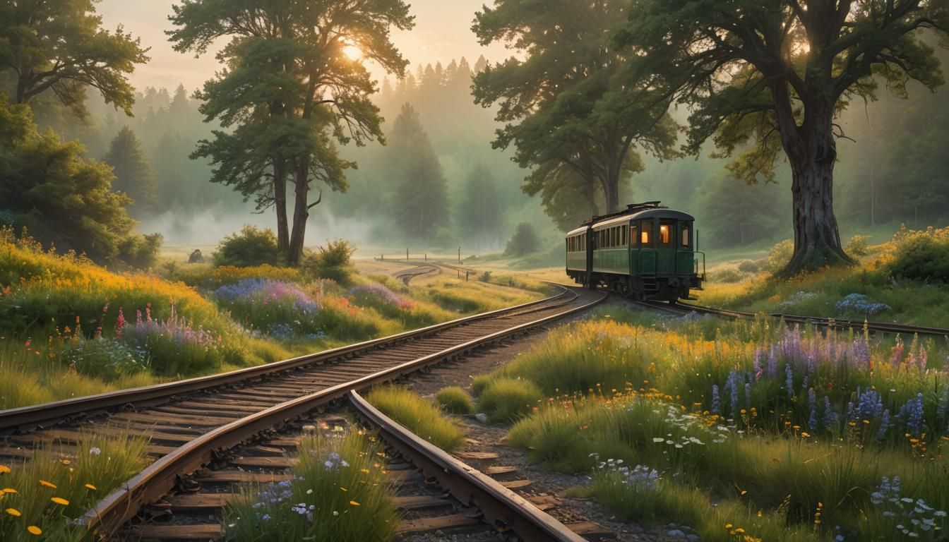 Golden Railroad Tracks in Fantasy Landscape