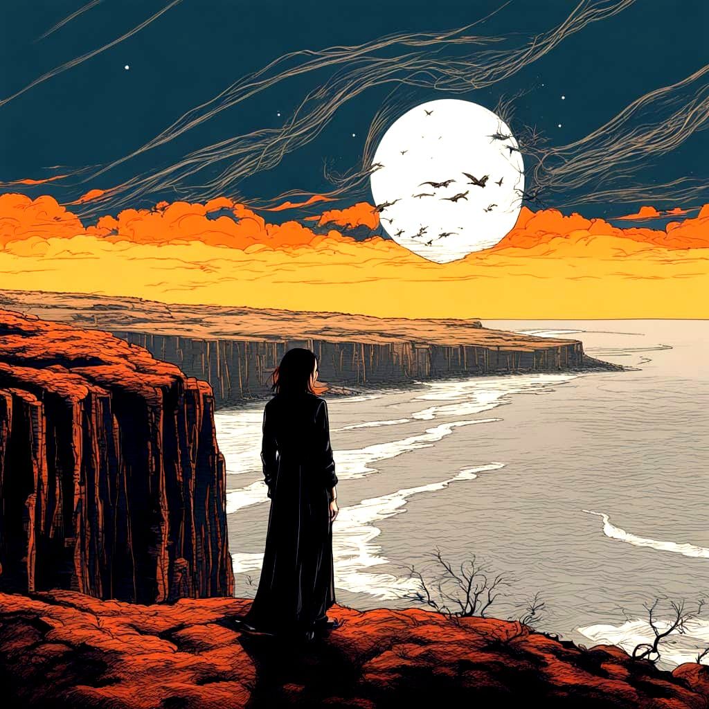 Mysterious Gothgirl on Windy Shoreline Minimalist Line Drawi...