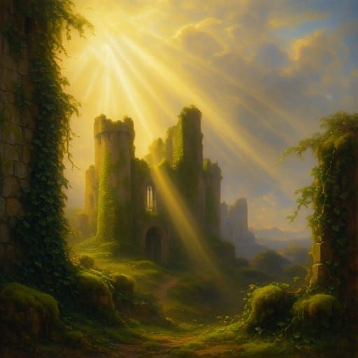Divine Castle Ruins Bathed in Ethereal Sunshine