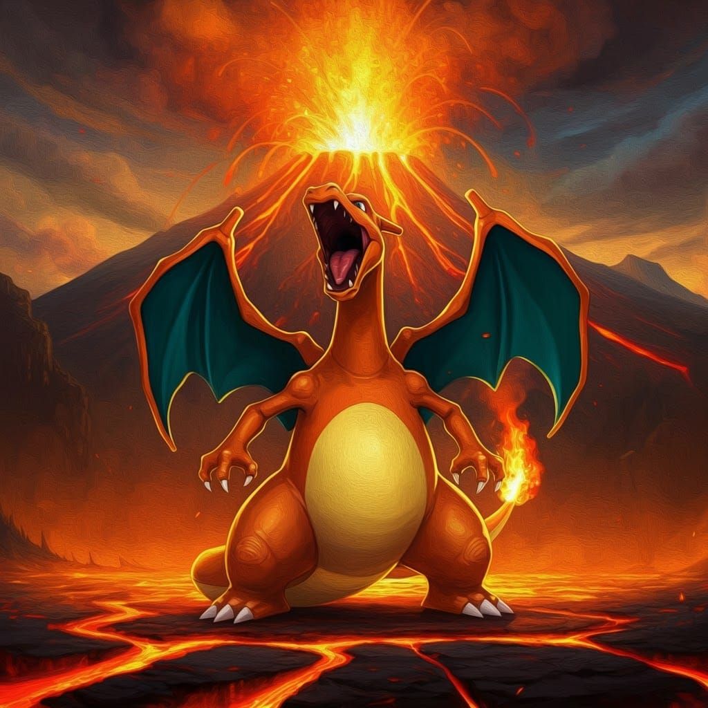 Charizard Roaring at Volcanic Eruption, in Romanticist Style