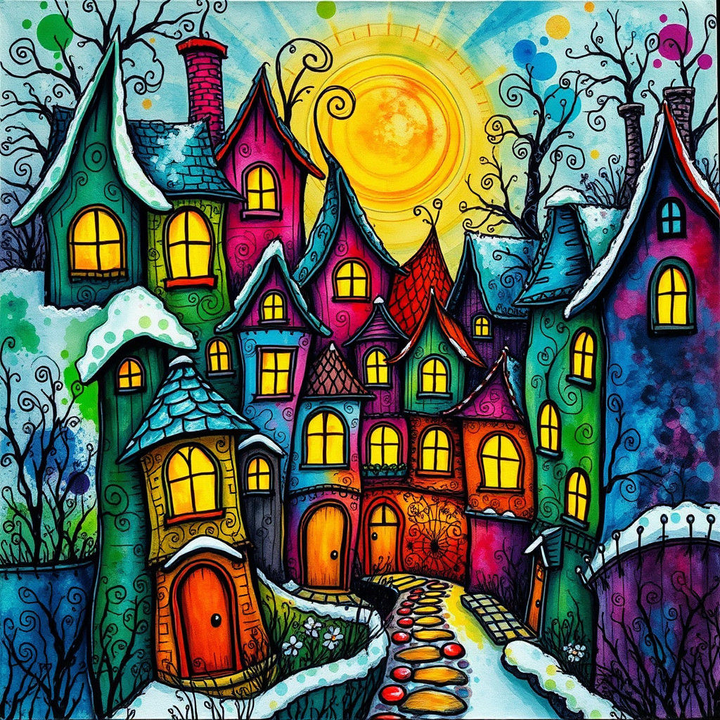 Colorful Winter Village with Twisted Homes: Impasto Art