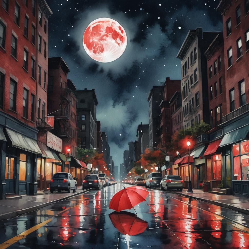 New York Night Scene with Red Umbrella