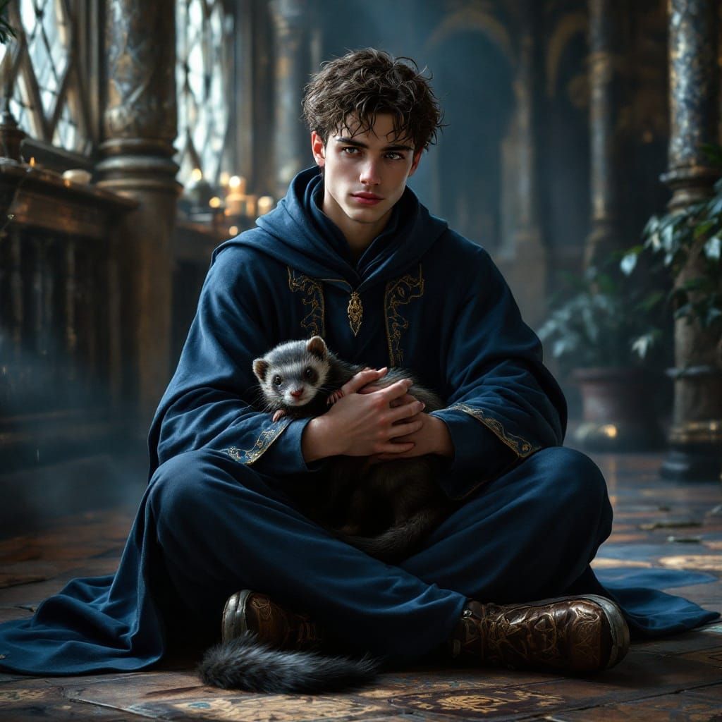 Whimsical Ravenclaw Wizard Enchants with Mystical Ferret Com...