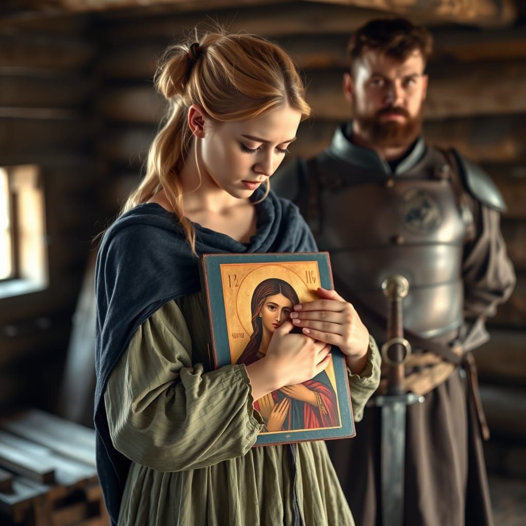 A Young Woman Clings to an Icon in a Medieval Log Cabin