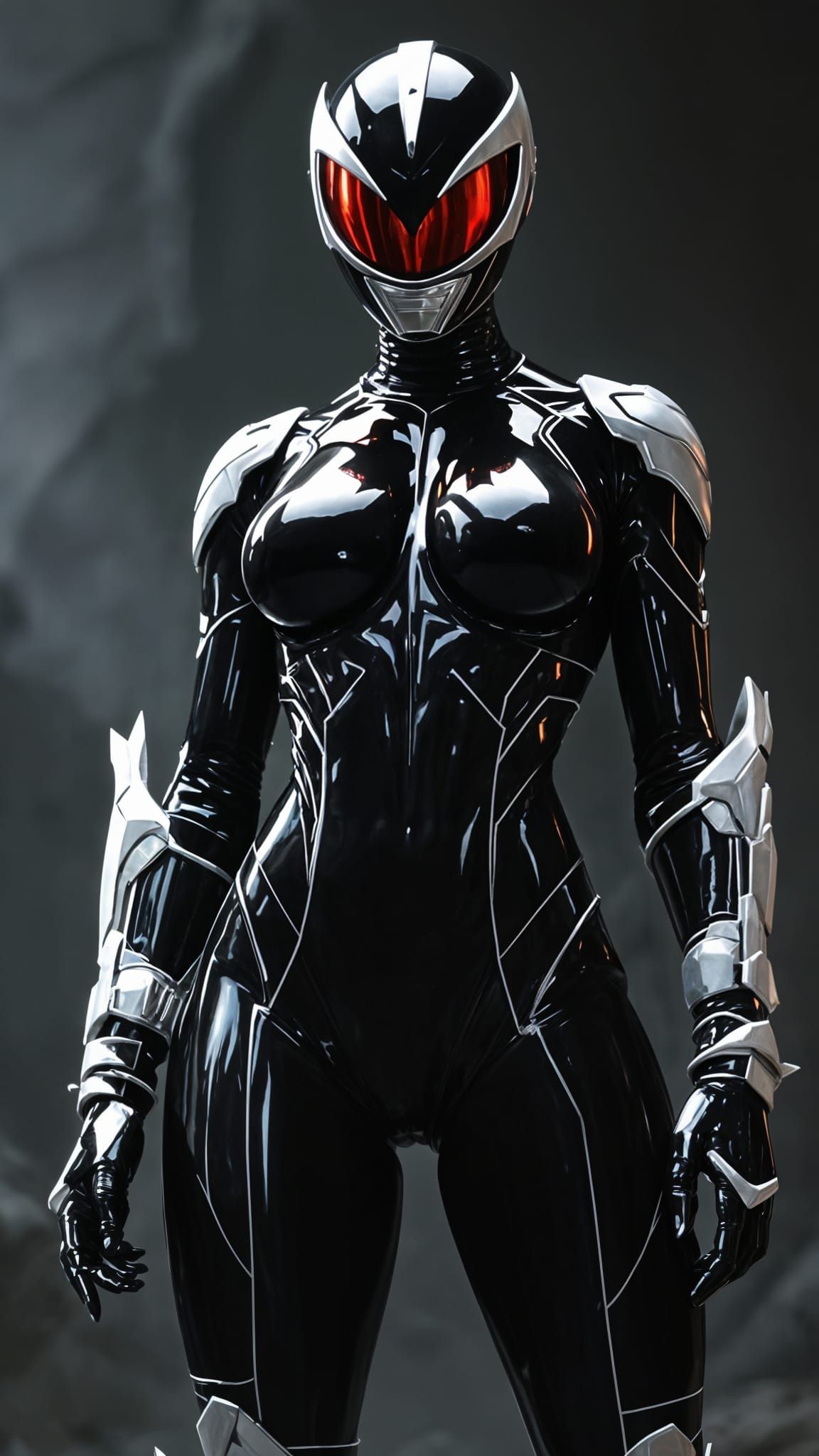 Powerful Female Black Ranger in Dark Cyberpunk Armor