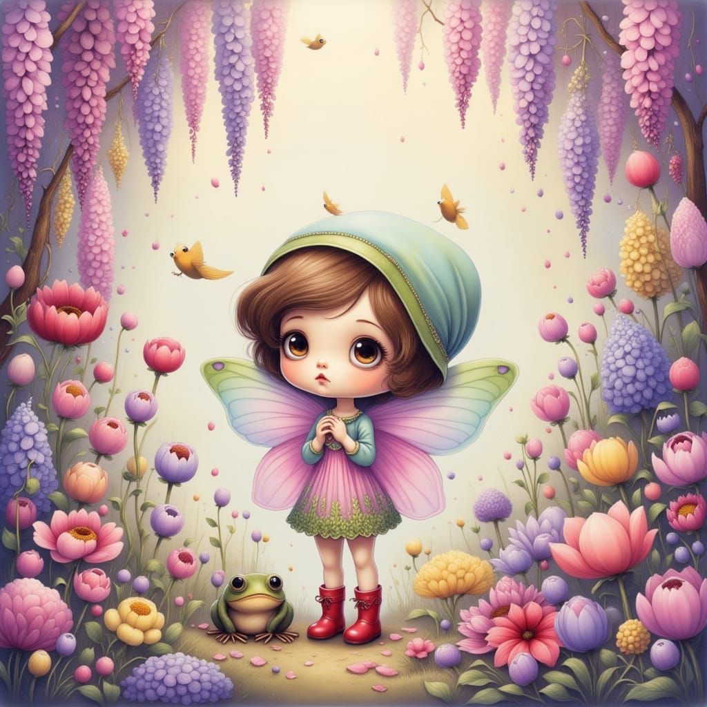 Adorable Flower Fairy Hiding in Rain, Whimsical 3D Render