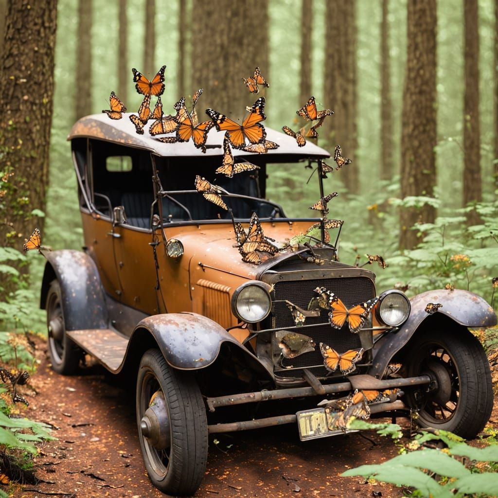 Vintage Car Surrounded by Butterflies in a Whimsical Forest ...