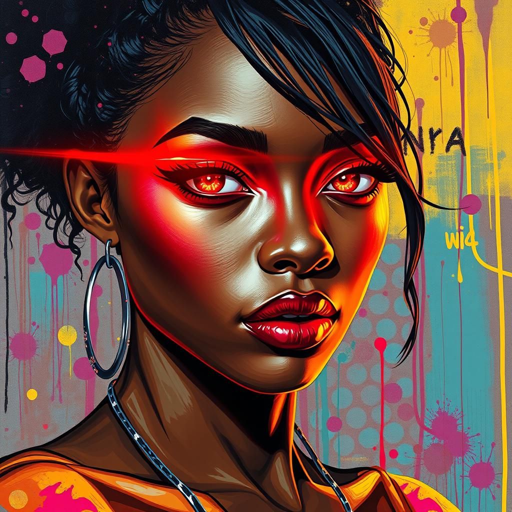 Hyperrealistic Woman with Red Eyes in Neon Graffiti Art