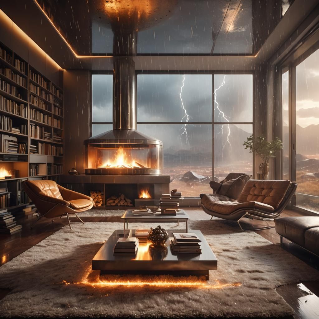 Cozy Sci-Fi Living Room with Rain in 8K