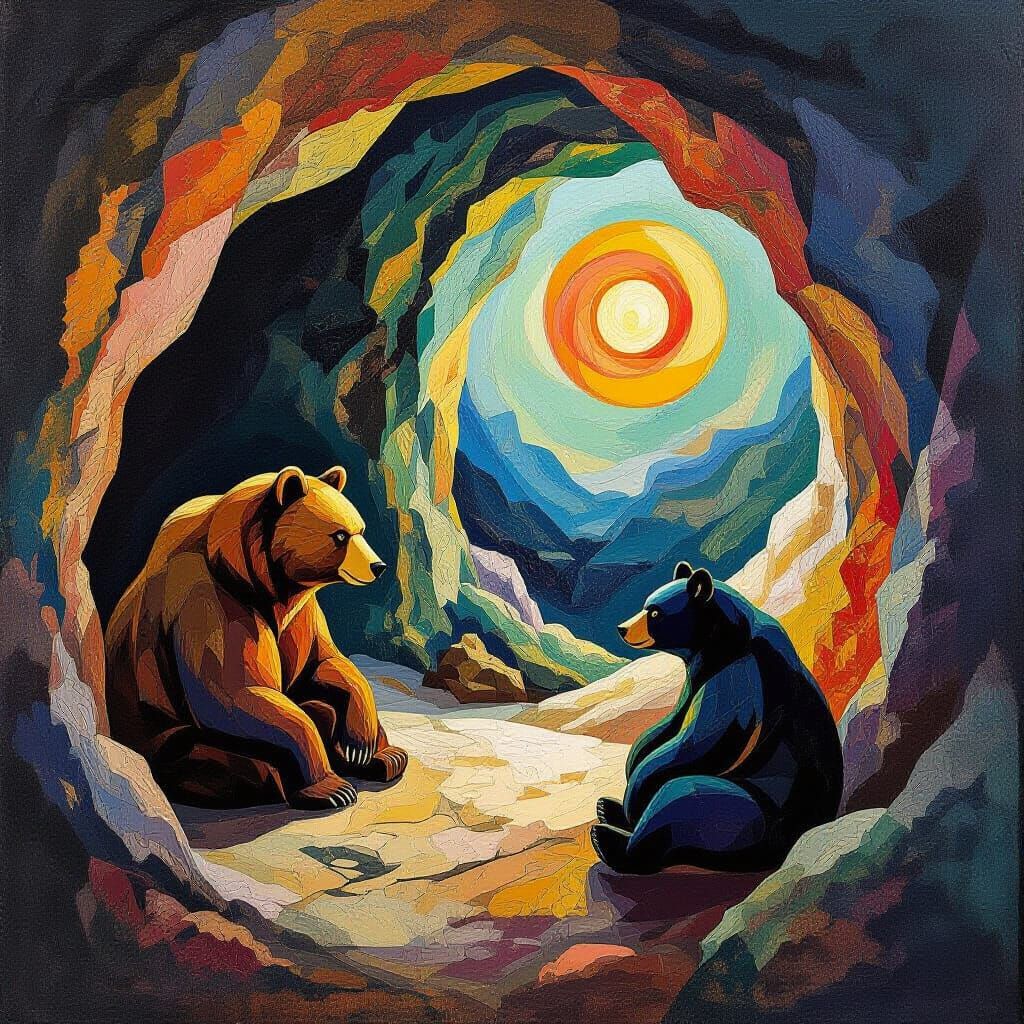 Abstract Bear Clan Cave Dwelling in Kandinsky Miró Style