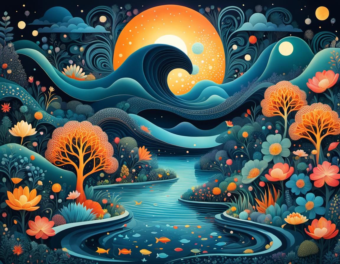 Magical Nighttime Swimming Illustration