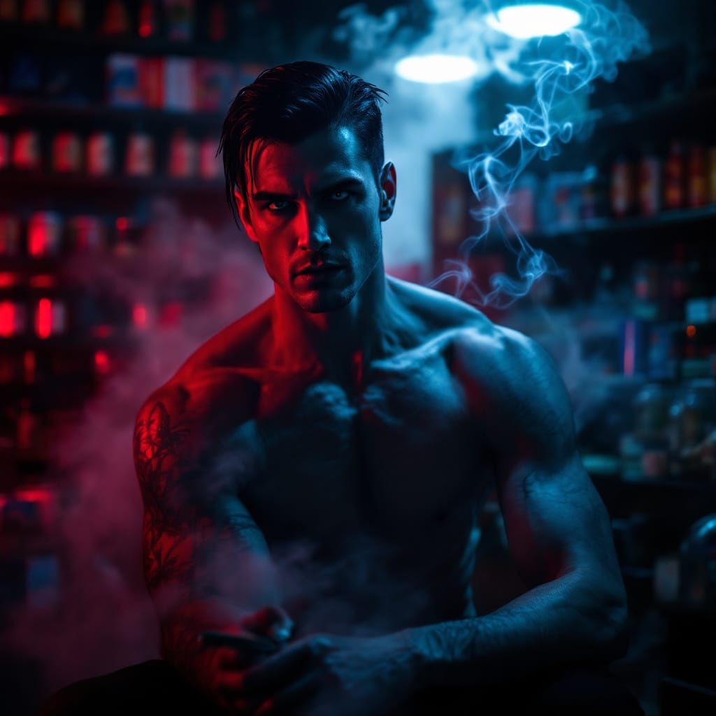 Seductive Vampire Man in Atmospheric Weed Shop