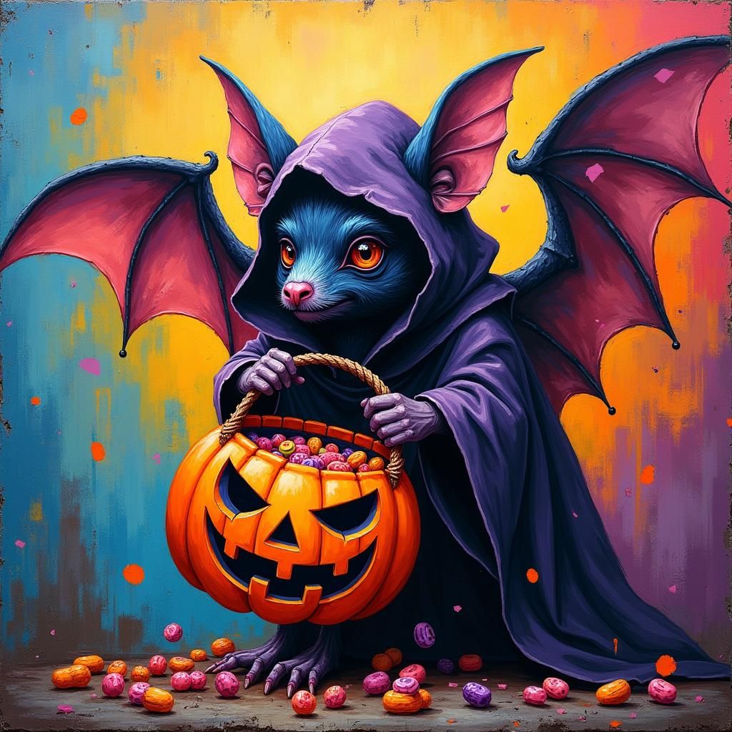 Halloween Bat Trick-or-Treating in Graffiti Art