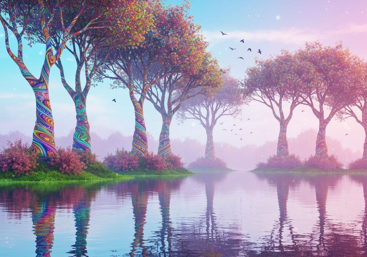 Vibrant Psychedelic Forest Reflected in Water