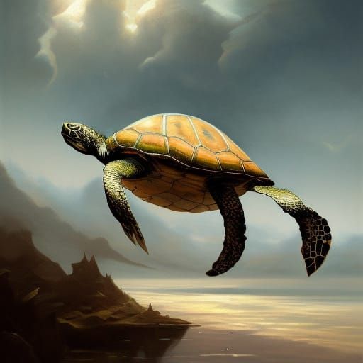 Flat Earth Turtle: A Surreal Steampunk Oil Painting