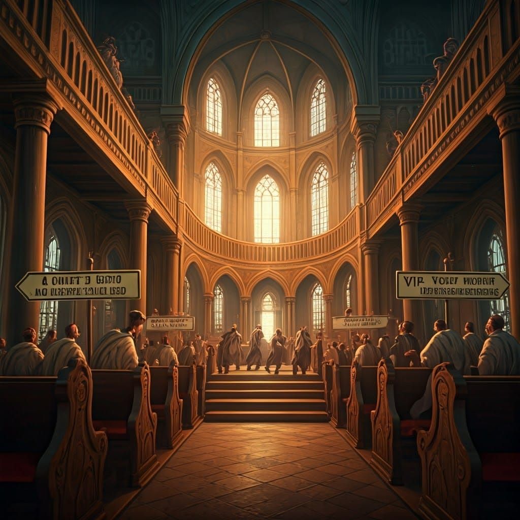 Synagogue Seat Rush: A Humorous Fantasy Scene