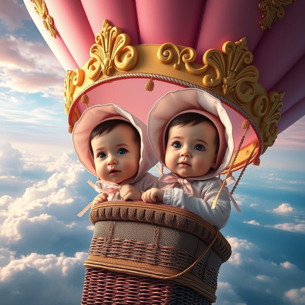 Sweet Babies Soar in Whimsical Hot Air Balloon Scene