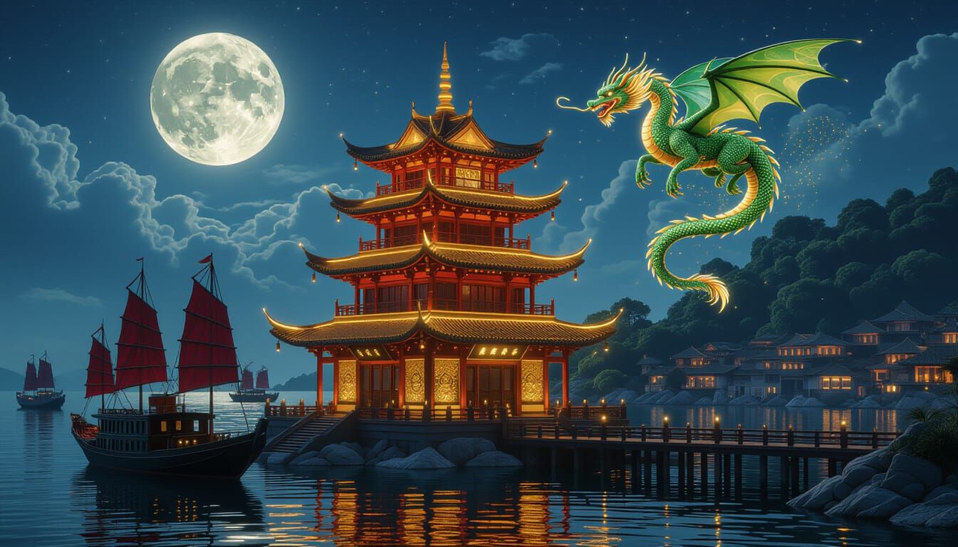 Ethereal Dragon Soars Over Futuristic Pagoda on Tropical Isl...