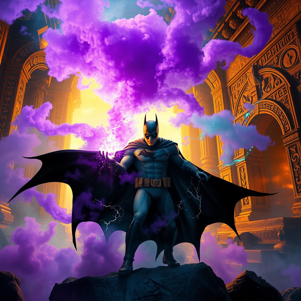 Batman in Mystical Temple with Glowing Artifact
