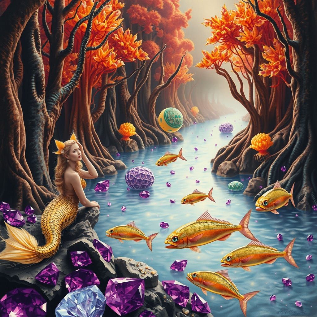 Enigmatic Mermaids in a Surreal Forest of Crystalline Trees