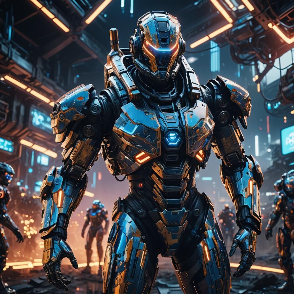 Sci-Fi Hero in Exosuit on Battlefield