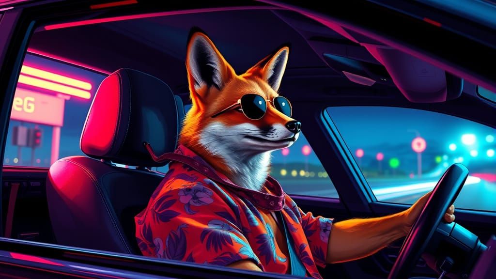 Fox Drives Car in Vibrant Neon Landscape Style