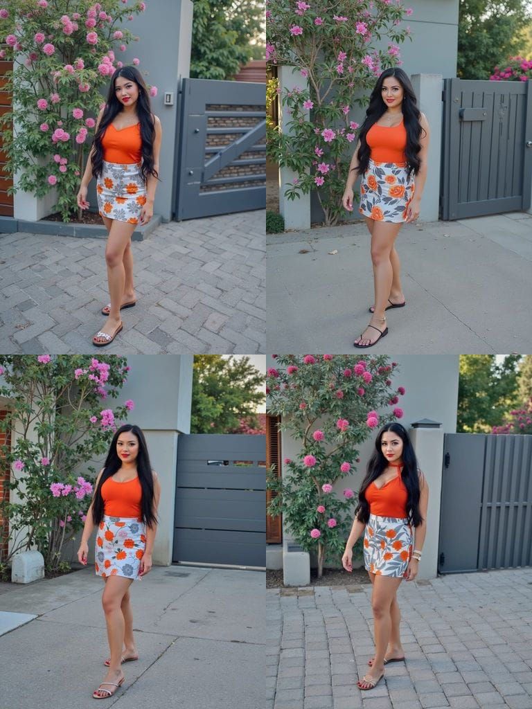 Woman in Orange Top and Floral Skirt in Summer Garden