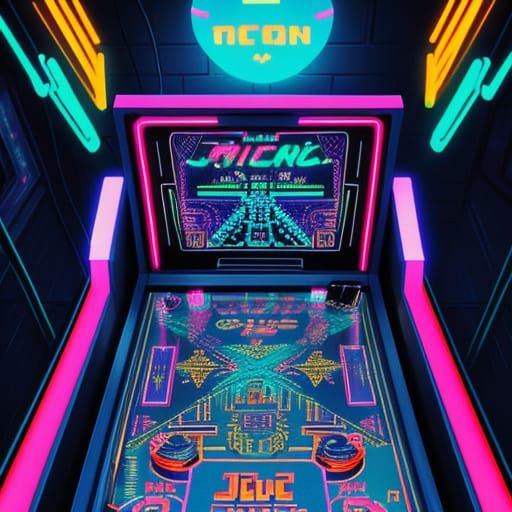 Pinbot Plays Pinball in Retro Neon Arcade