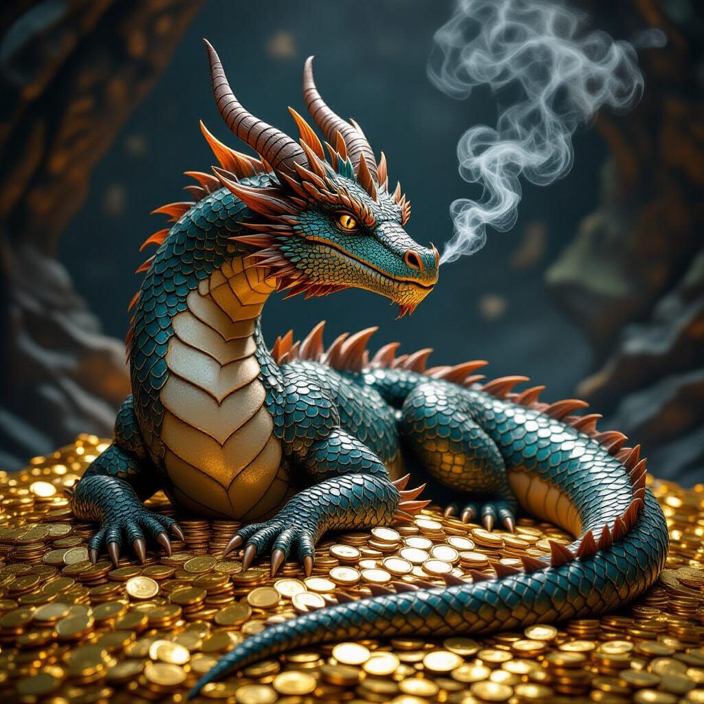 Majestic Dragon Reclining on Treasure Pile