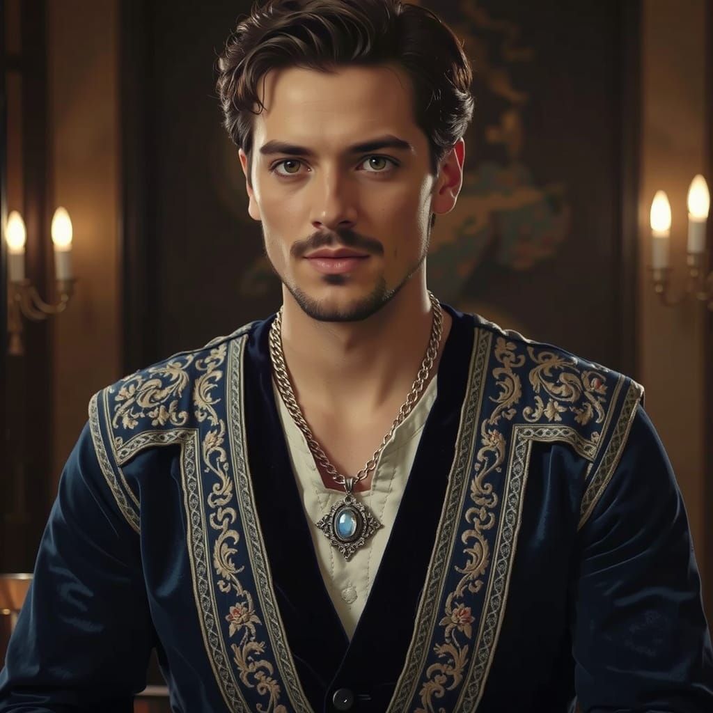 Close up shot. A handsome male masculine aristocrat with dar...