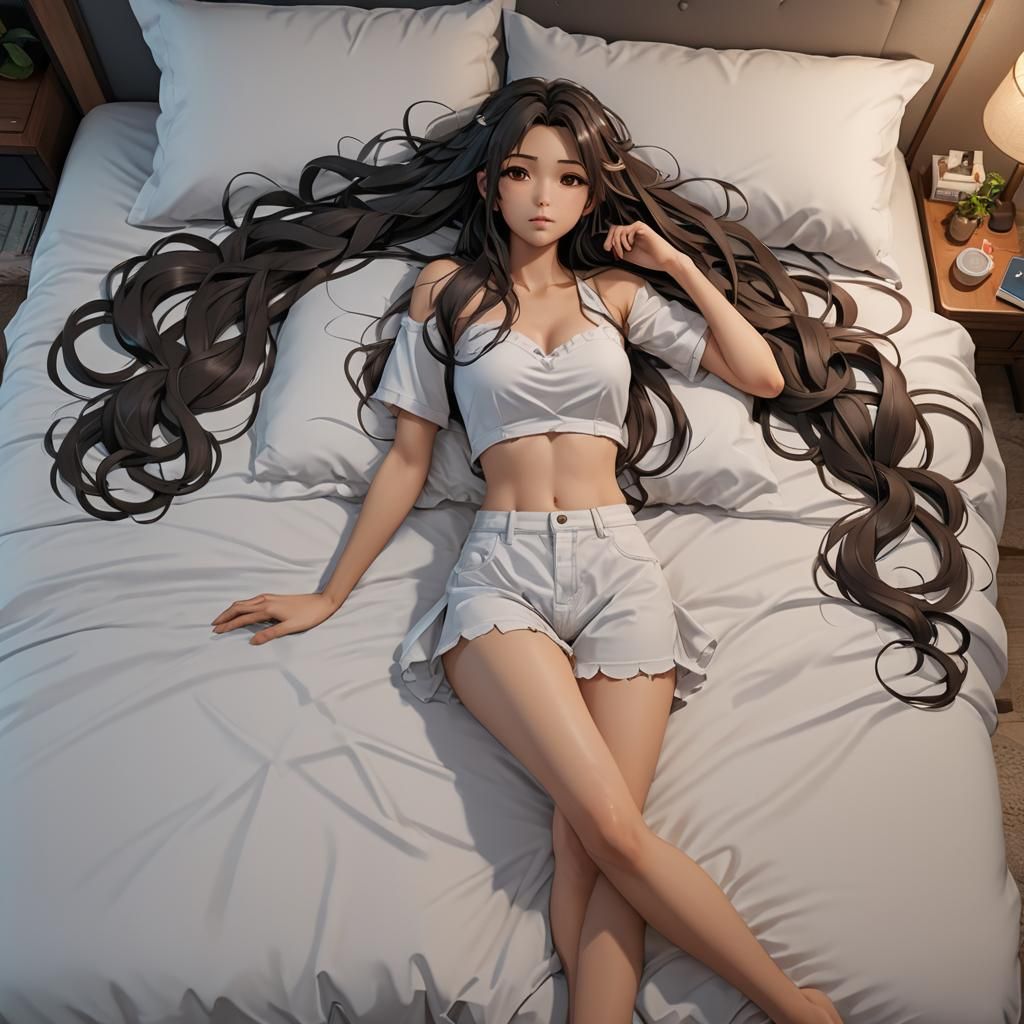 Skinny Hispanic anime girl with long messy hair laying on bed